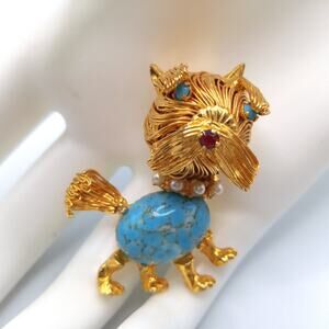 Vintage 1960s Dog Brooch Turquoise Glass Cabochon Gold Tone Rhinestone